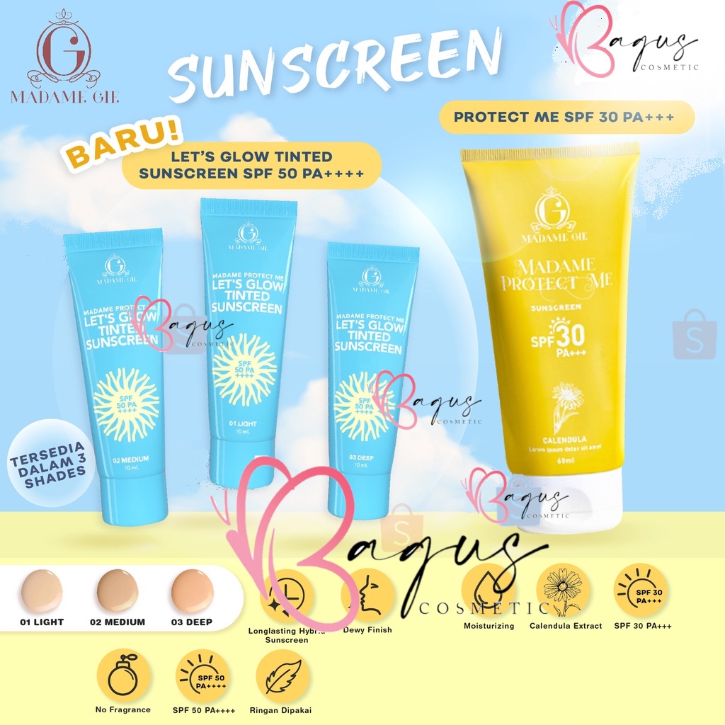 ⭐BAGUS⭐ MADAME GIE Protect Me SPF 30 w Aloe Vera 60mL | Protect Me Let's Glow Tinted SPF 50 PA ++++ 10ml | Sunscreen sunblock