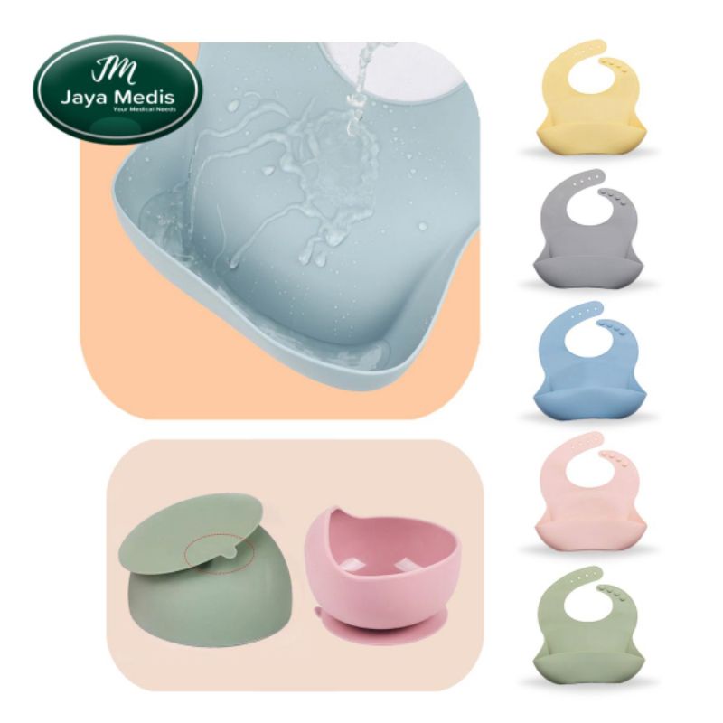 1 Set Celemek dan alat makan bayi silikon - Premium First Feeding Set