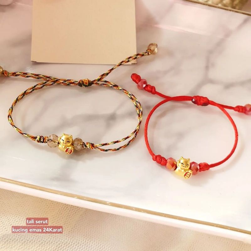 gelang tali cina beads charm kucing rejeki variasi emas hongkong 24k 999.9 original gelang cowok cew
