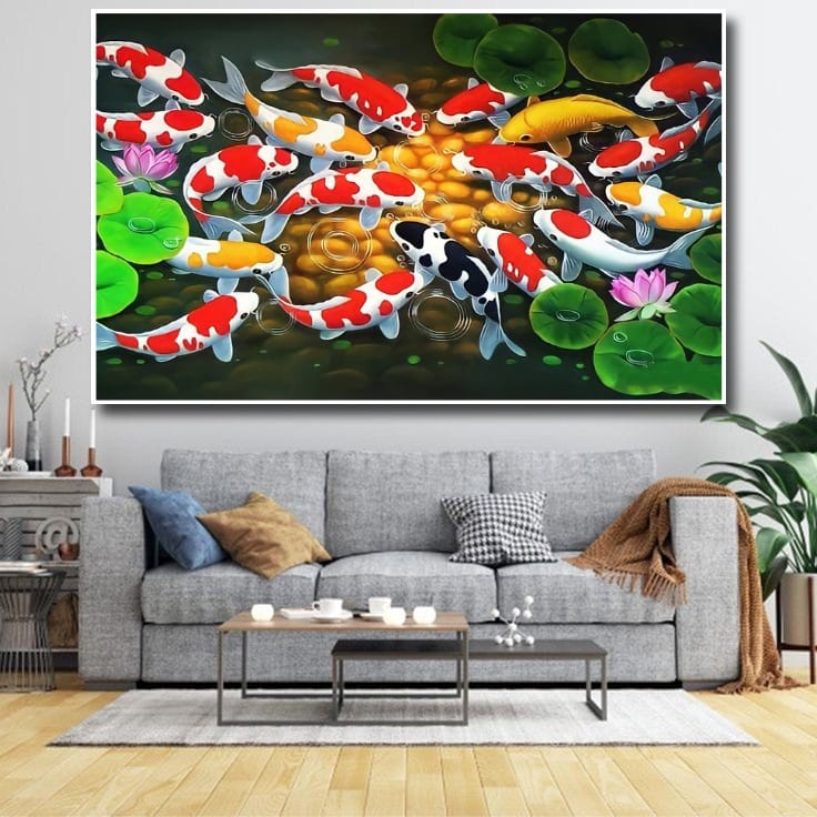 Lukisan Poster Ikan Koi hoki Fengshui 9 Jumbo 3 dimensi Xtra Besar Ukuran 70x50 cm 100x70cm 150x100c