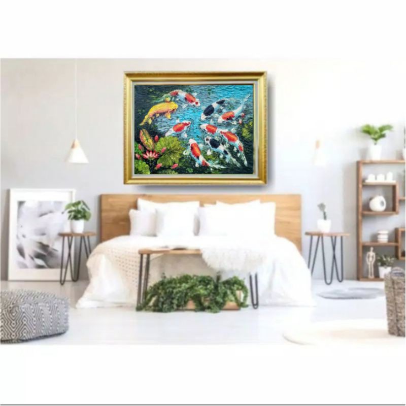 Lukisan Ikan Koi Timbul Fengshui 9 Ekor Unik Minimalis Kanvas Ukuran 60x80 cm