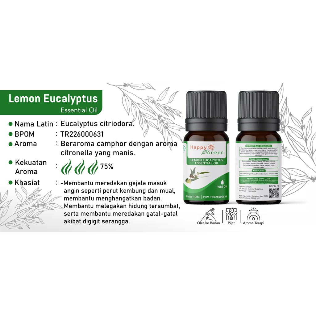 BPOM approved Happy Green Eucalyptus Lemon Essential Oil - Eucalyptus Citriodora 100% Murni Natural