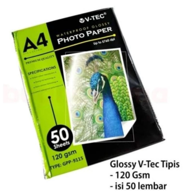 

Kertas Foto Glosy V-TEC A4 120GR