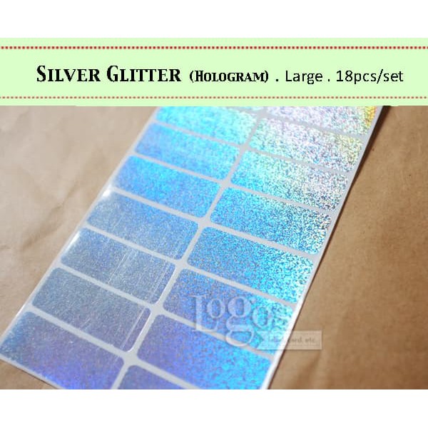 

TERLARIS!! Silver Glitter LARGE. Sticker Label nama waterproof hologram kosmetik UNIK