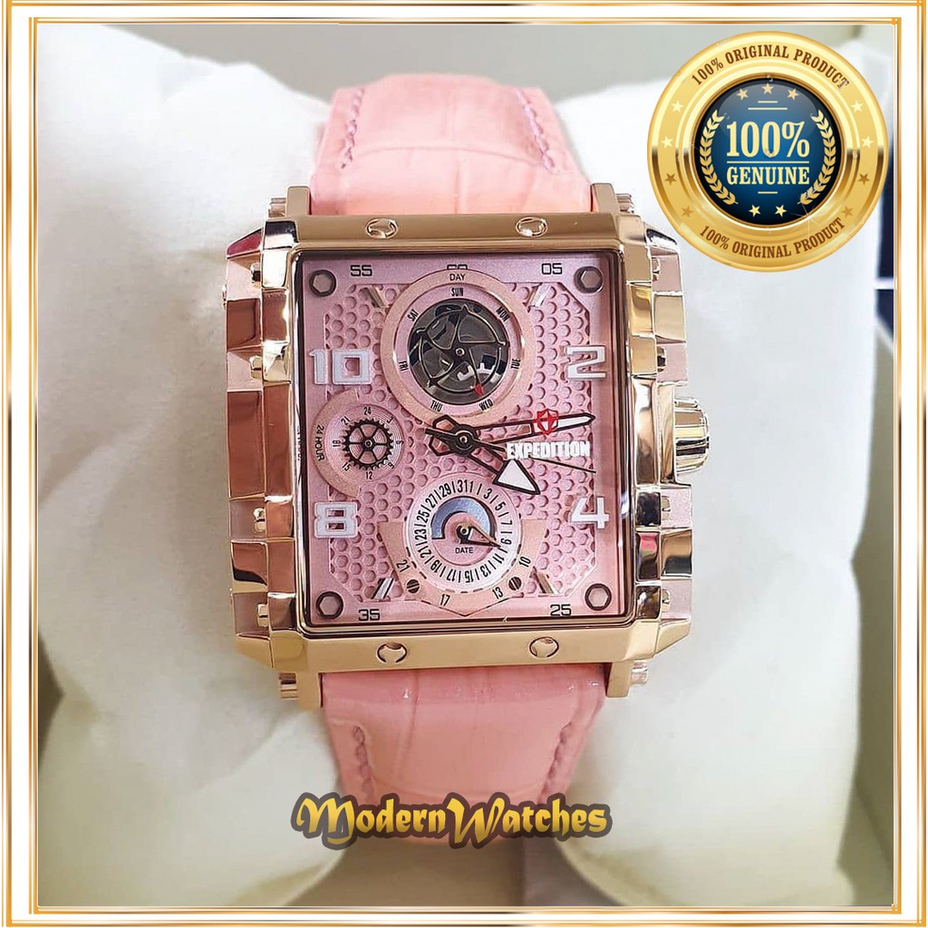 Jam Tangan Wanita ORI Expedition E 6757 Pink Rosegold Merah Muda Tali Kulit Sporty Best Seller