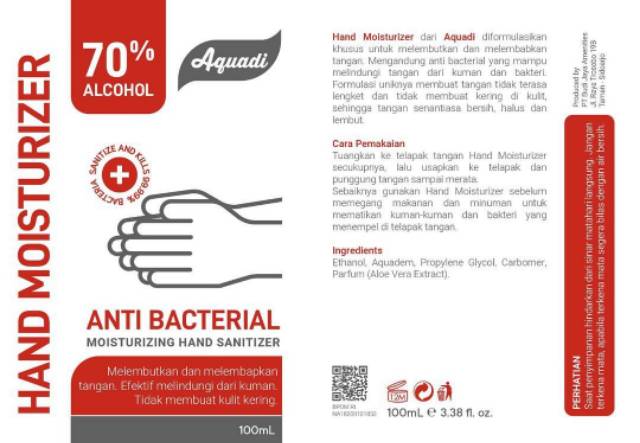 AQUADI ANTI BACTERIAL HAND SANITIZER MOISTURIZER 70% ALCOHOL - 100ml