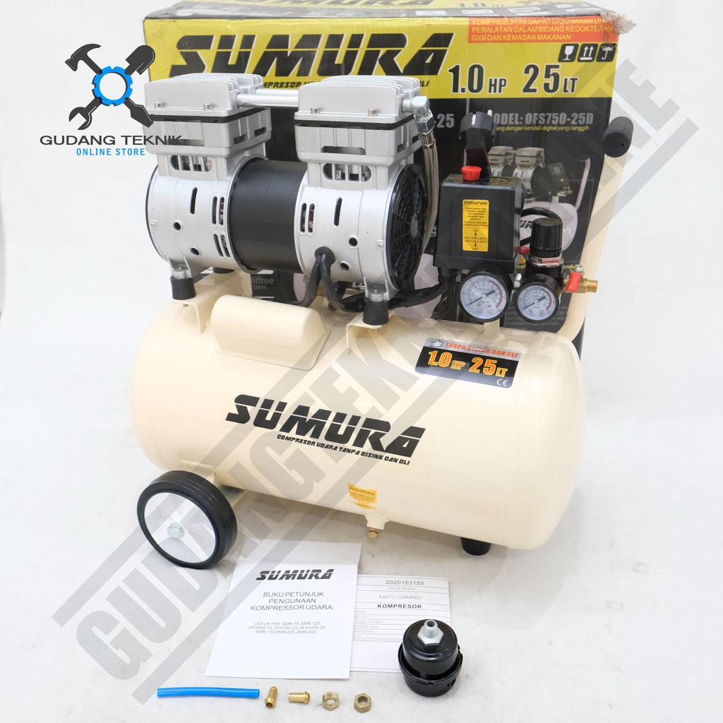 Kompresor Angin Tanpa Oli SUMURA OFS 750-25 / Air Compressor Oilless SUMURA OFS750-25 1Hp 25L