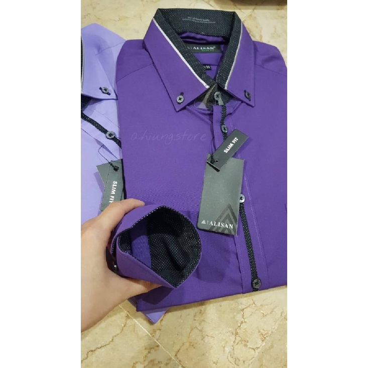 KEMEJA PRIA ALISAN POLOS LENGAN PANJANG PRIA MODEL KOMBINASI WARNA UNGU TUA / UNGU LAVENDER  / UNGU MUDA