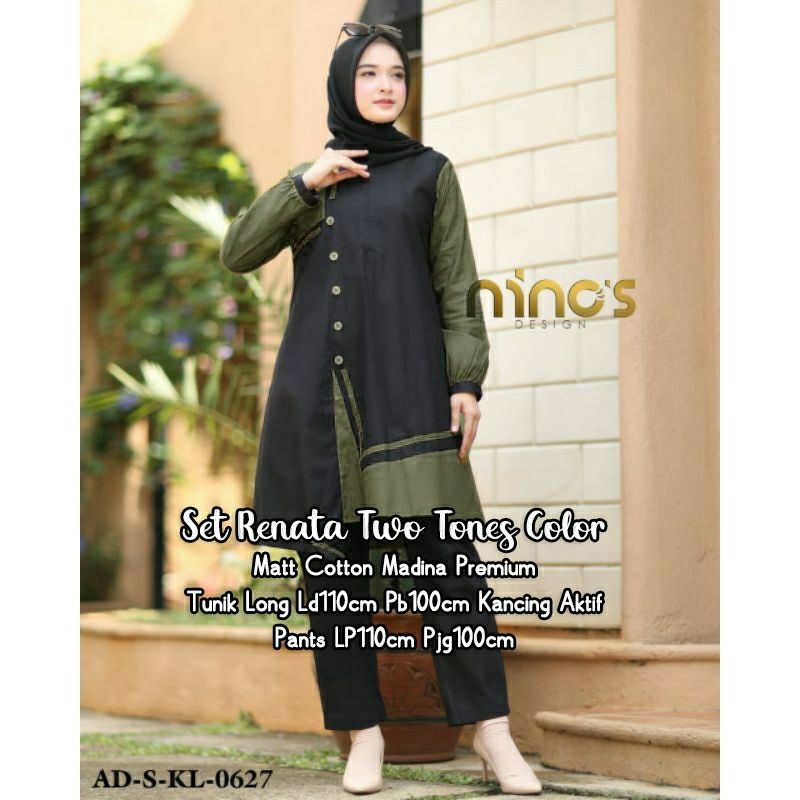 setelan muslim wanita long tunik + celana set pesta casual renata setcel wanita katun premium