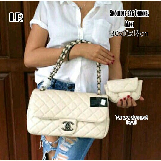 tas import branded termurah Shoulder bag channel maxi cream  tanpa dompet kecil  -