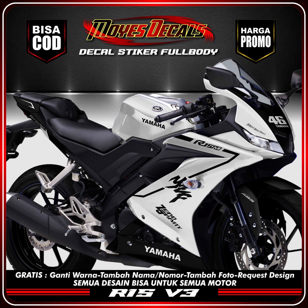 BISA COD stiker decal r15 v3 stiker motor yamaha r15 v3 custom variasi yzf putih hitam fullblok