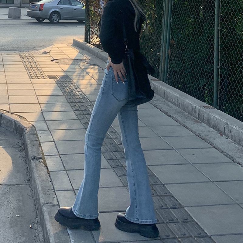 Suhao Hong Kong Gaya Retro Tinggi Pinggang Lurus Stretch Slim Jeans Wanita Musim Panas Bootcut Celan