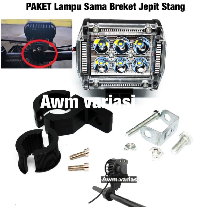 Bracket Breket Braket Crashbar Jepit Dudukan Lampu LED Bar Stand Tembak Stang Motor 25 - 30 mm + lampu tembak 3 senja 6,18,24 mata