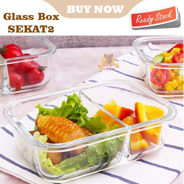 Borosilicate Glass Lock container 640ml Sekat 2 Tempat makan ompreng