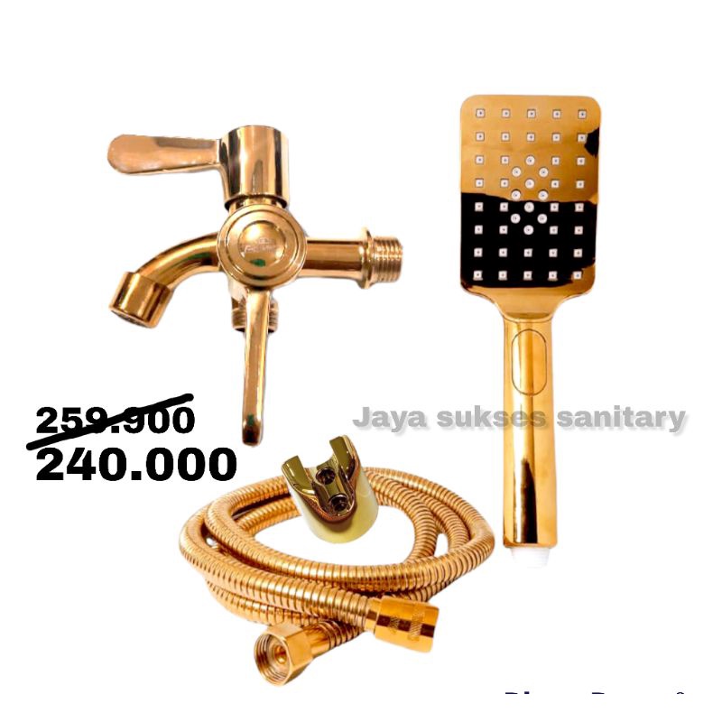 Shower Kamar Mandi Kotak Gold Sepaket + Kran Cabang Stainless Drad Pipa 1/2&quot; Shower Warna Emas