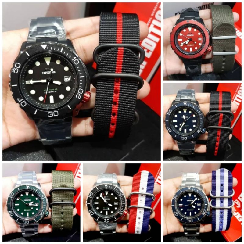 EXPEDITION 6809 E6809M E6809 6809M AUTOMATIC FREE STRAP KANVAS CADANGAN MERAH HITAM BIRU SILVER HIJA