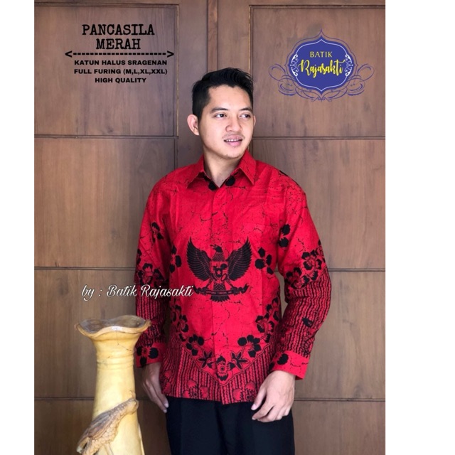 Batik Pria PANCASILA MERAH FULL FURING Katun Halus Ori Solo
