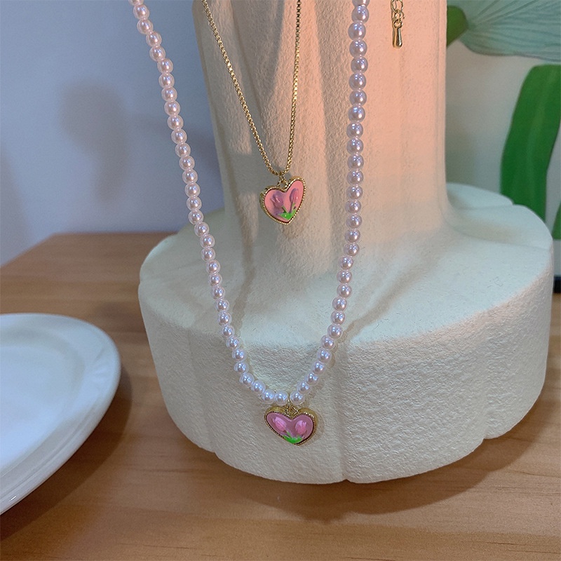 Kalung Rantai Dengan Liontin Bunga Tulip Warna Pink Untuk Wanita