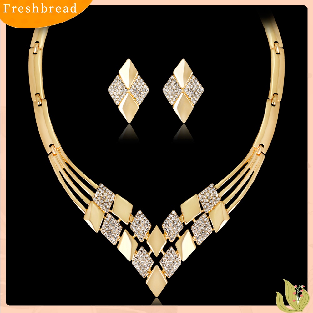 Terlaris Women KC Gold Plated Rhombus Shape Necklace Earrings Rhinestones Jewelry Set
