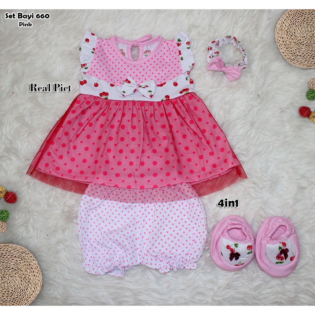 Set Bayi 660 4in1/ Pakaian Bayi Baru Lahir Usia 0-6 Bln/ Setelan Baju Bayi + Celana Pendek + Sepatu Bayi + Bando Karet /