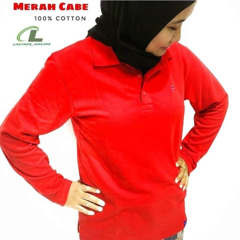 Kaos Polo Shirt Big Size Wanita Lengan Panjang Kerah Polos Orange Bata Poloshirt