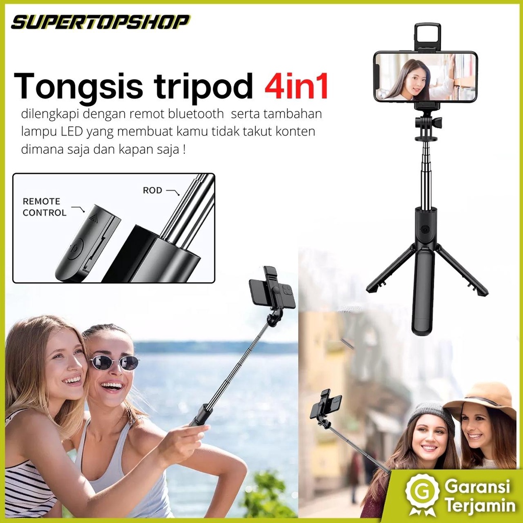 Tongsis tripod 4in1 selfie stick dengan remote bluetooth dan lampu LED tongsis bluetooth tongsis led