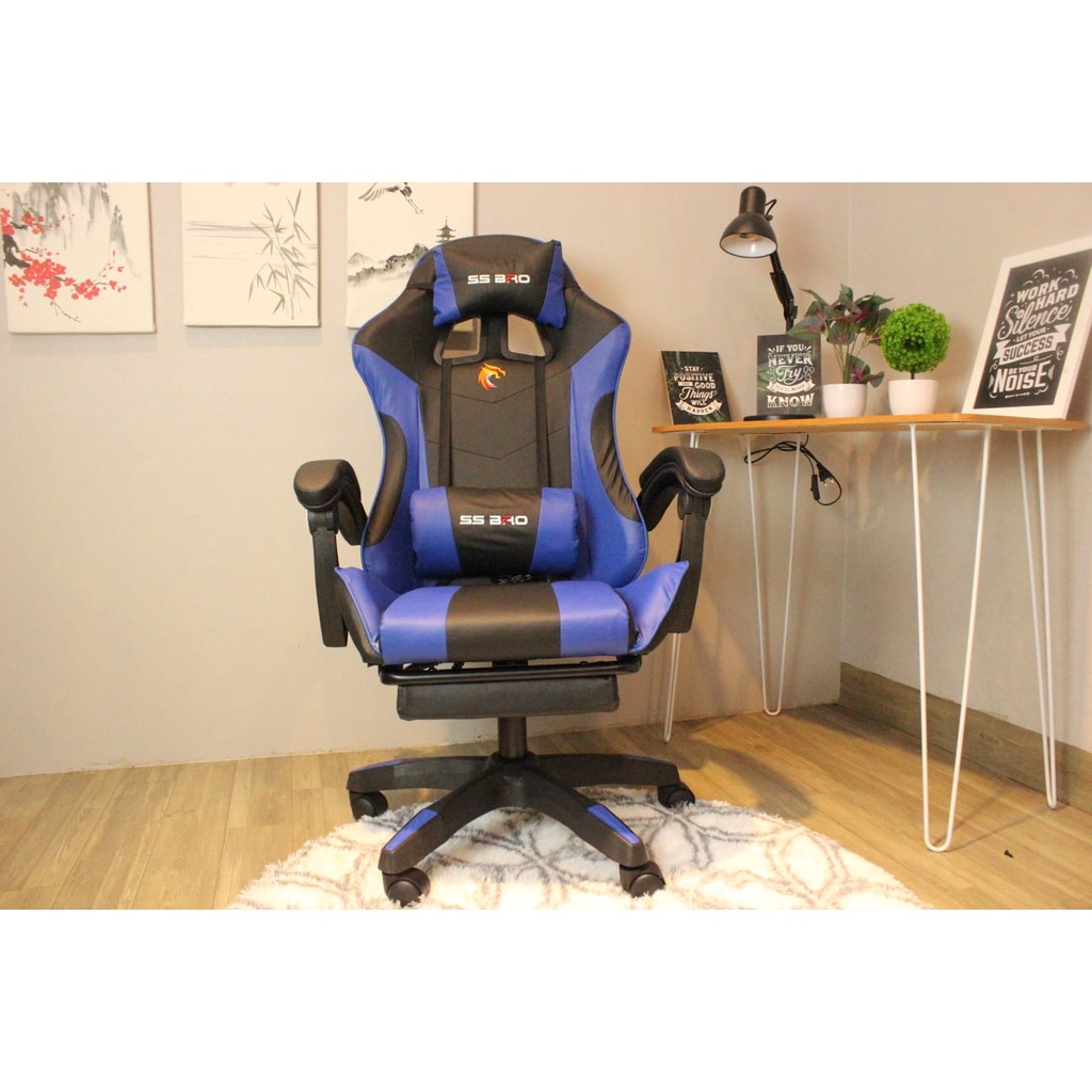 Bangku Gaming Kursi Gaming Chaho Chair Kursi Kerja Hidrolik Horizontal Footrest Kursi Balap-333 Biru Foot