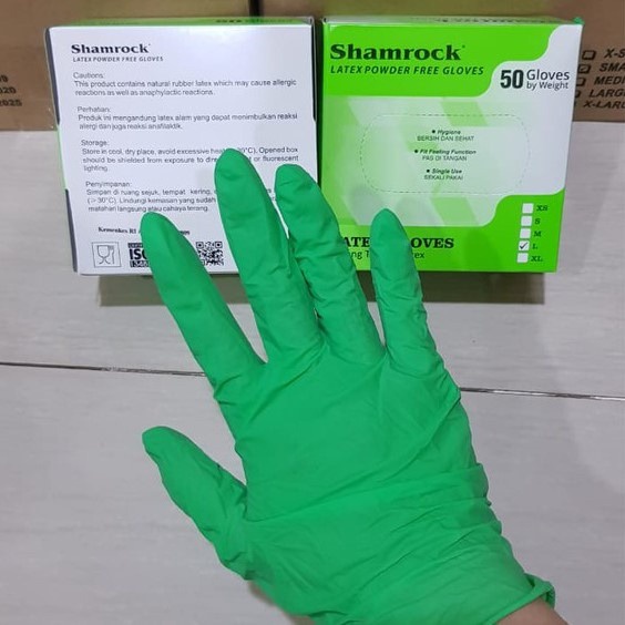 Handscoon SHAMROCK Green Hijau Ecer Sepasang Sarung Tangan Karet Lateks Latex Powder Merek Merk Warn