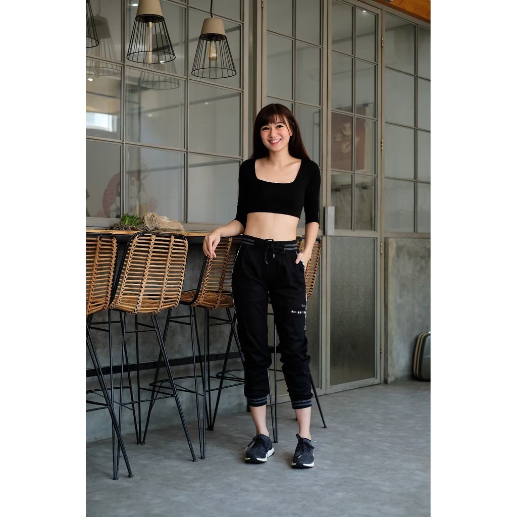 Mecca_shop24-Celana Jogger Panjang Wanita List Loreng Black-Celana Katun Terbaru 2022