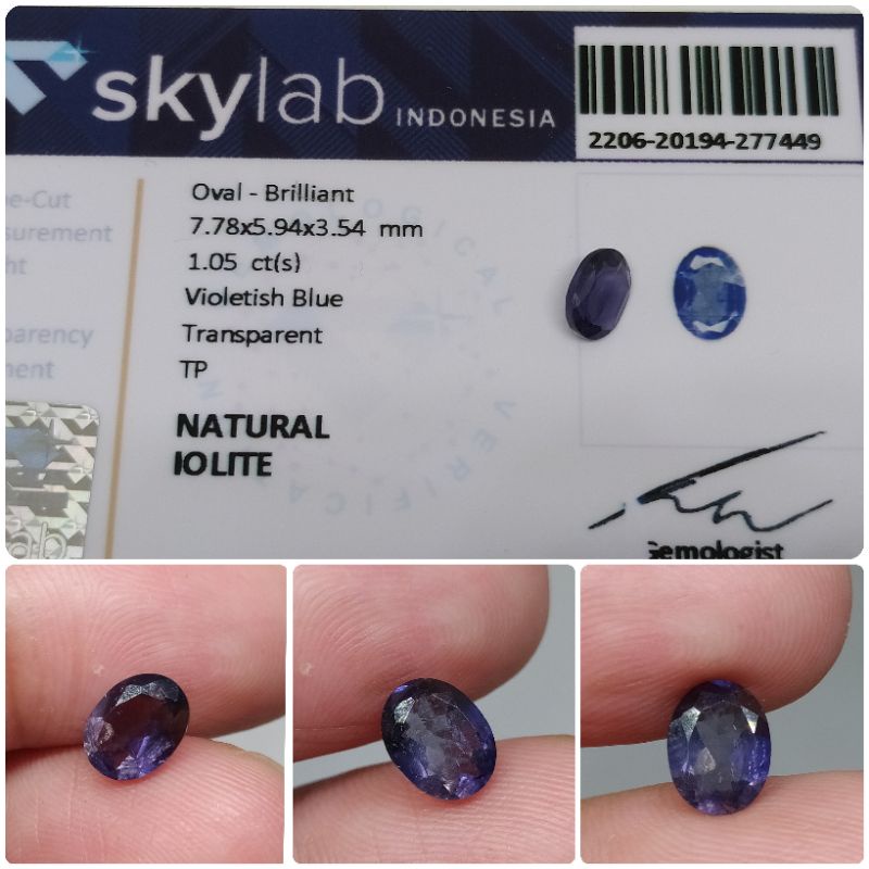 Natural Violet-Blue Iolite 1,05 ct Memo SkyLab Safir Air