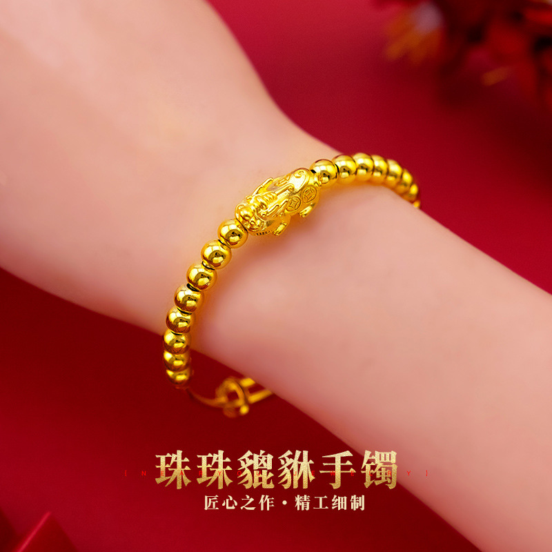 Gelang Keberuntungan Desain Manikmanik Warna Gold Gaya Bangkok Untuk Priawanita