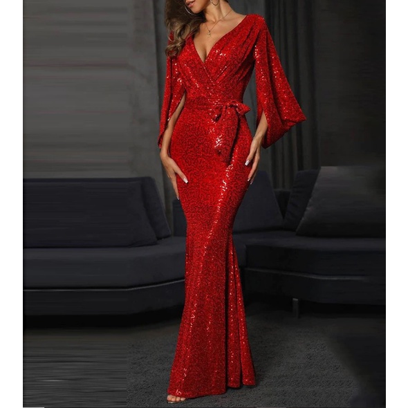‎Evening Party Dress Wanita Elegan Seksi V Leher Flare Lengan Panjang Maxi Gaun Ladies Night Club Pr
