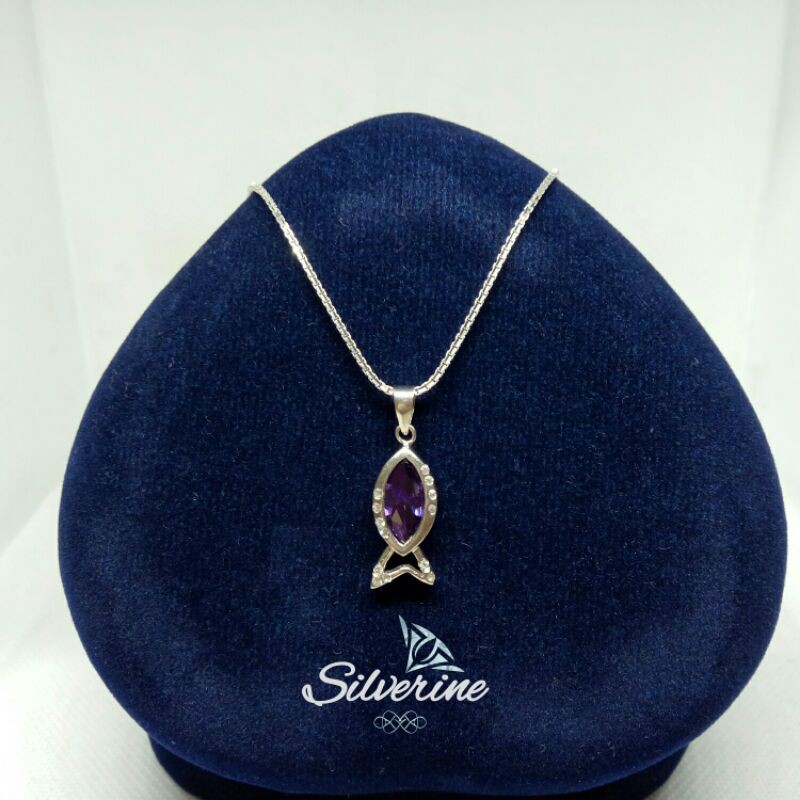 Silver 925 LIONTIN IKAN MATA UNGU PERAK LAPIS EMAS PUTIH RHODIUM