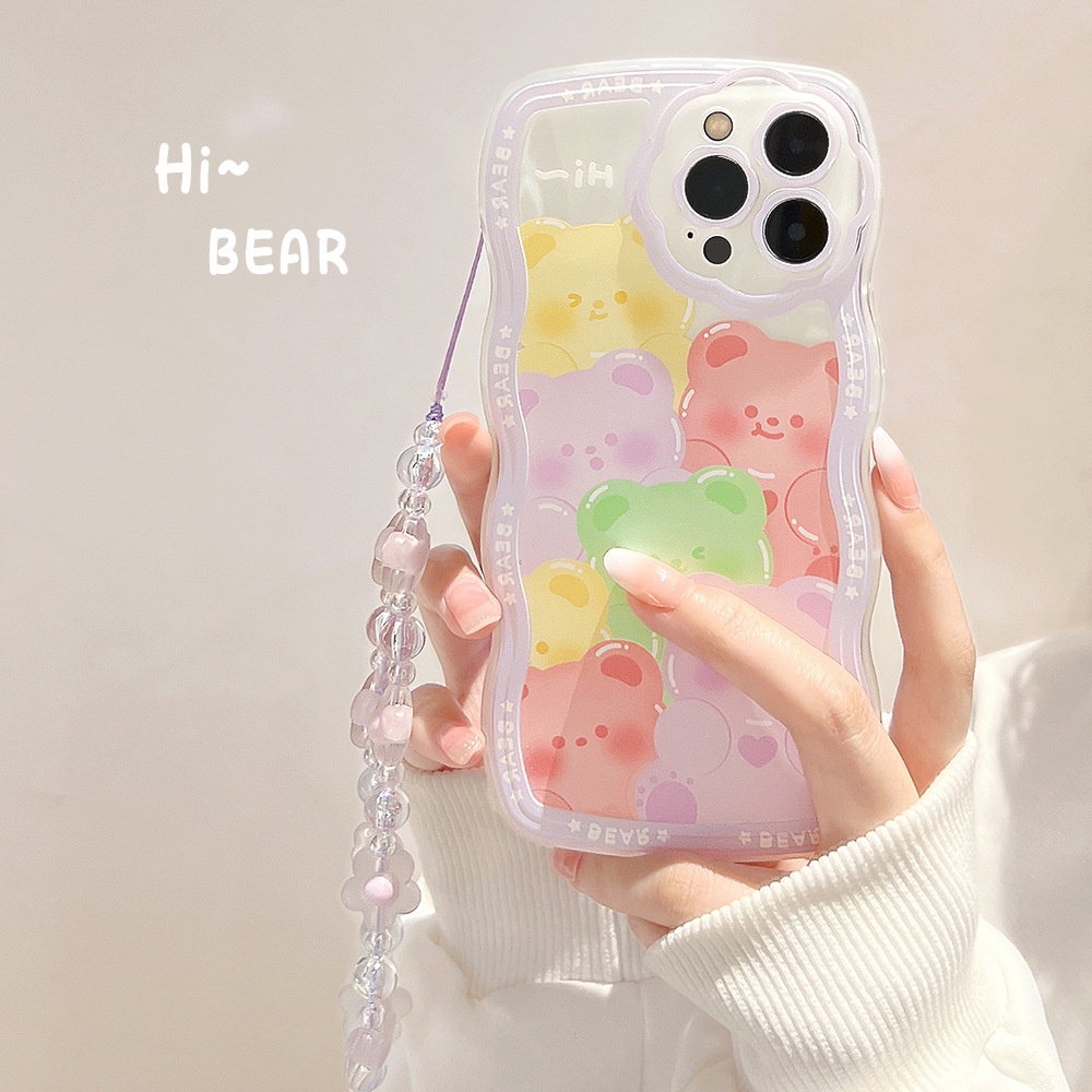 Case Pelindung Transparan Motif Kartun Beruang Bunga Dengan Rantai Ungu Untuk Iphone 11 8 7 Plus SE2 XS XR 12 13 PRO MAX