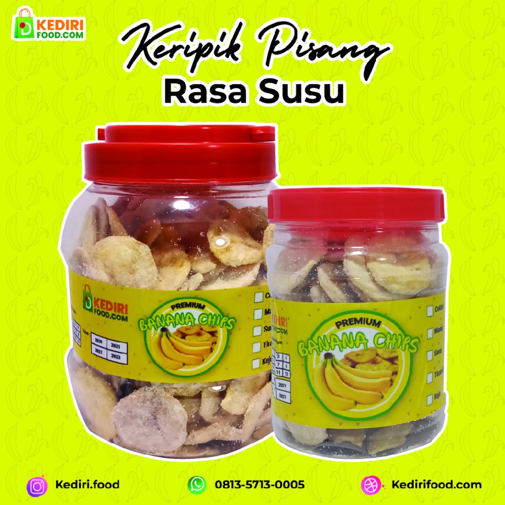 

Banana Chips | Keripik Pisang Aneka Rasa Susu Kemas Toples Camilan Sehat dan Enak