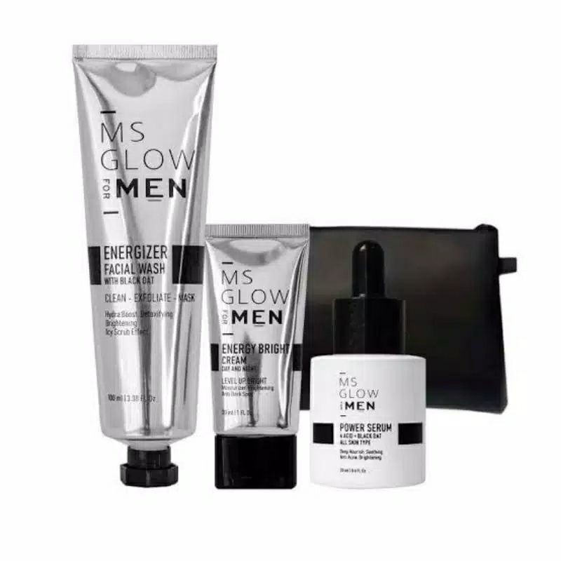 MS GLOW Paket For Men / Paket Perawatan Wajah Khusus Pria MSGLOW / Facial Wash - Bright Cream - Power Serum