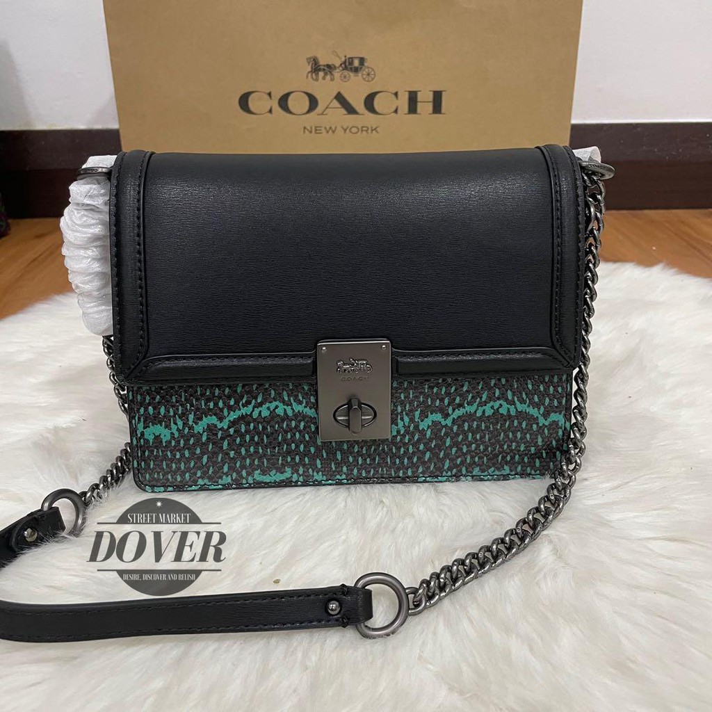 Coach Hutton Shoulder Bag With Colorblock Snakeskin Detail Black Green Multi - ORIGINAL 100%
