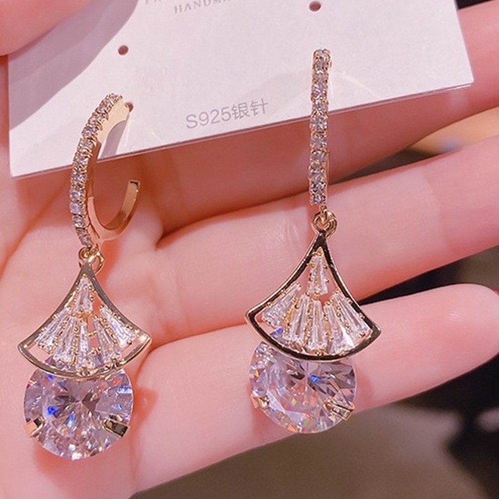 Anting Gantung Kristal Zircon Electroplating Bentuk Kipas Kecil Untuk Wanita