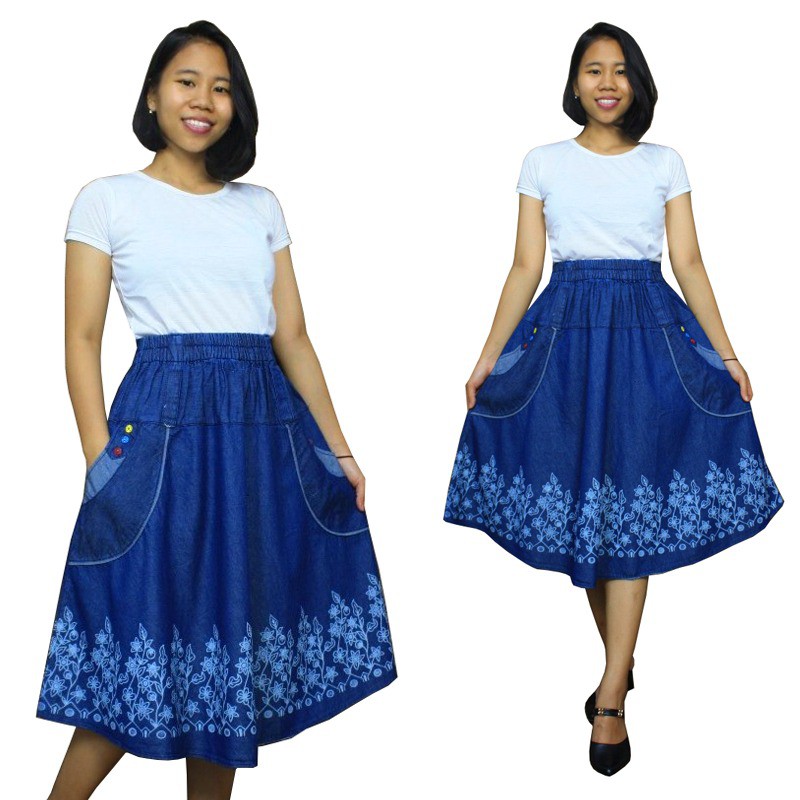 SB Collection Rok Payung Sari Midi Jeans Jumbo Wanita