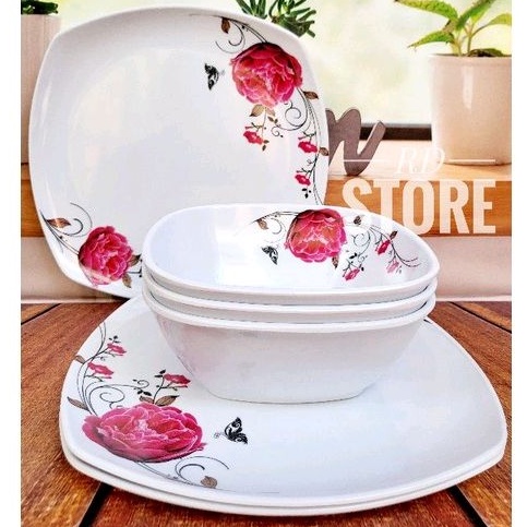 PROMO SET 6.PCS ISI 3.PIRING KOTAK SAJI 3.MANGKOK KOTAK  MELAMINE MOTIF ROSE