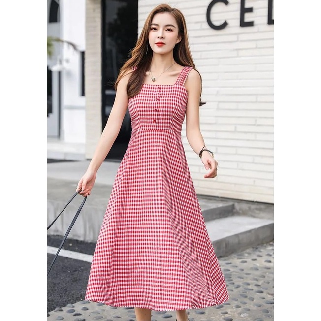 Korean Tartan Botton Midi Dress Wanita Motif Kotak-Kotak 1333 (S/M/L)