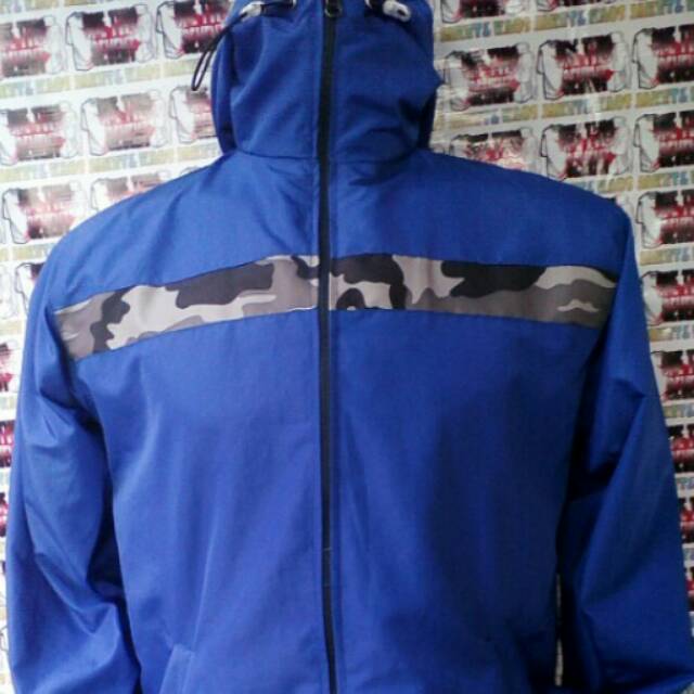 jaket pria taslan biru list loreng
