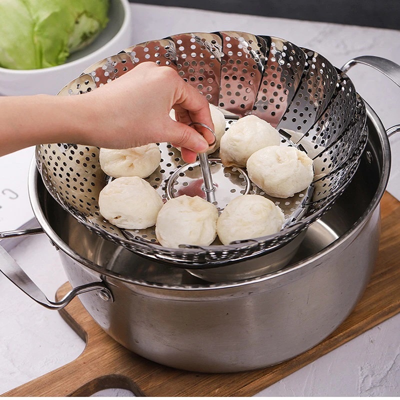 Alat Kukus Stainless Pengukus Panci Alat Tempat Kukusan Panci Dimsum Lipat Stainless Serbaguna Steamer 16 to 26 Cm