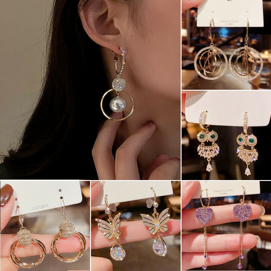 925 silver gold crystal pearl circle animal earrings Hoop drop women's jewelry