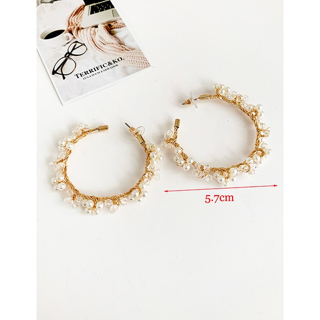 LRC Anting Tusuk Fashion Gold Alloy Artificial pearl C-shaped Earrings  D48844