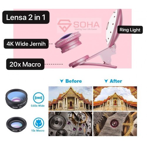 LNZ-006 Lensa Kamera Universal Use 3 in 1 + Ring Light Lampu Recharge able Hasil Wide &amp; 20xMacro