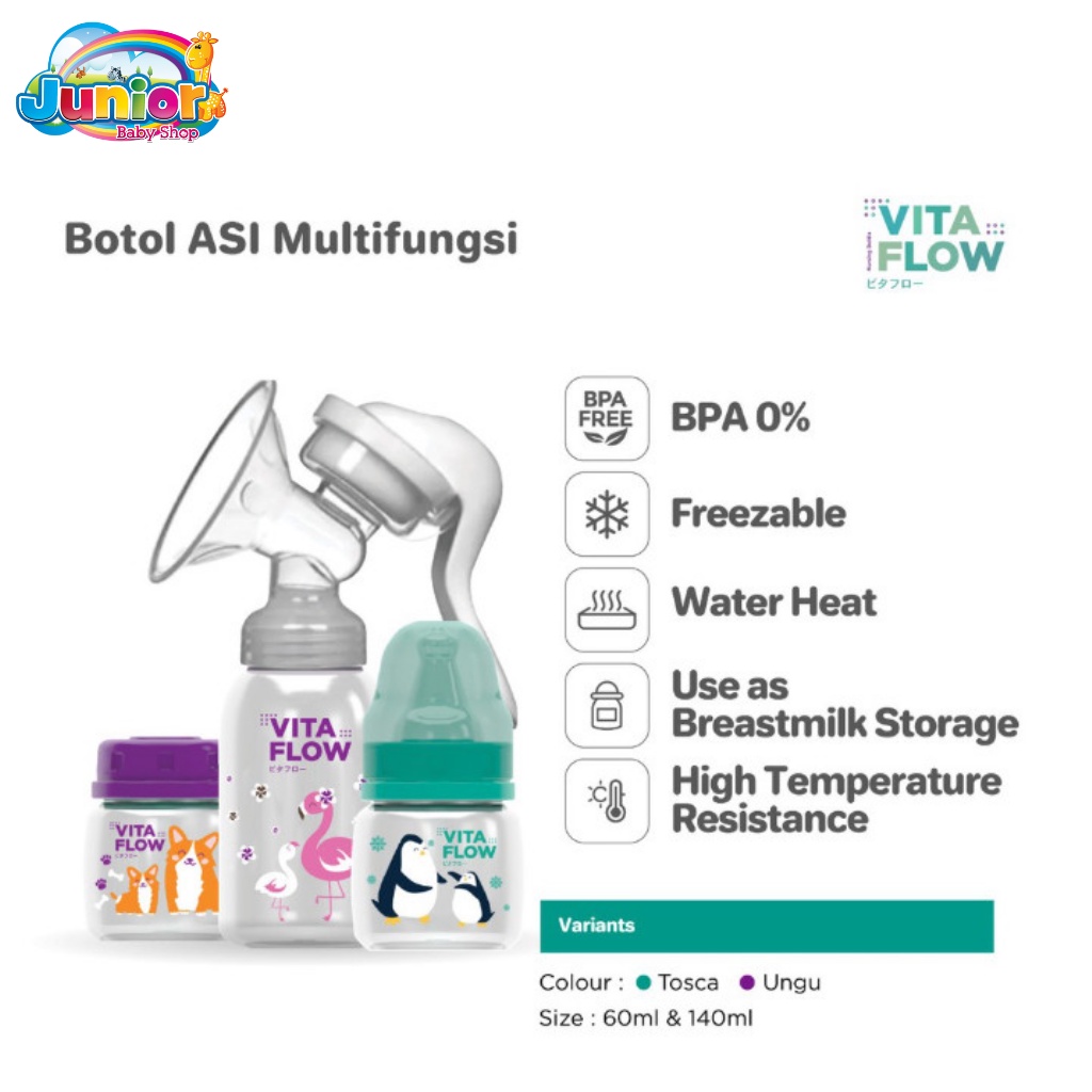 VITAFLOW Breast Milk Storage Bottle 3 in 1 PP 140ml 4 pcs Animal - Botol Penyimpan Asi