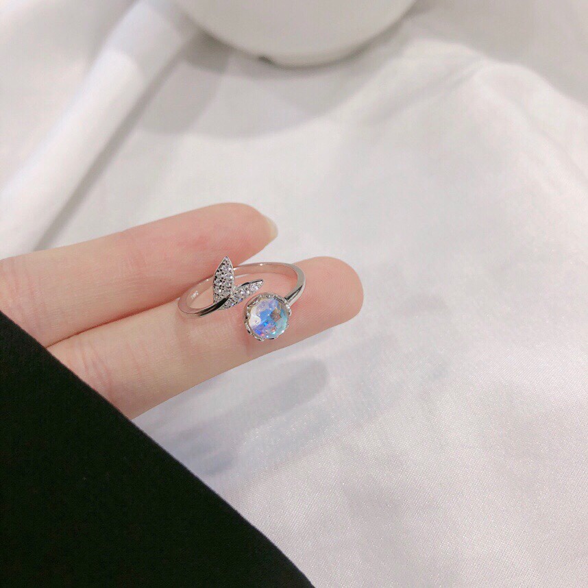 [Korean Mermaid Tail Moonstone Personality Adjustable Opening  Rings For Women] [Ladies Trendy Cute Tail Fairy Ring Inlaid Colored Stone Alloy Ring] [Girls Elegant Personality Party Rings Gifts]