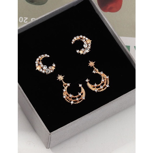 LRC Anting Tusuk Fashion Golden Moon Pentagram Hollow Alloy Earrings With Diamonds K01118