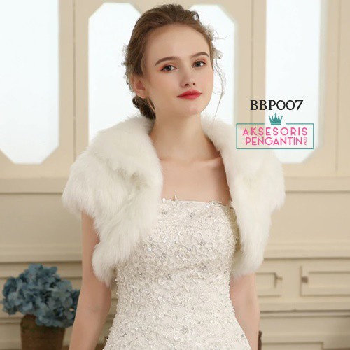 [PRODUK FAVORIT] AKSESORIS WEDDING CARDIGAN PESTA FUR BOLERO PENGANTIN BULU PUTIH BBP007